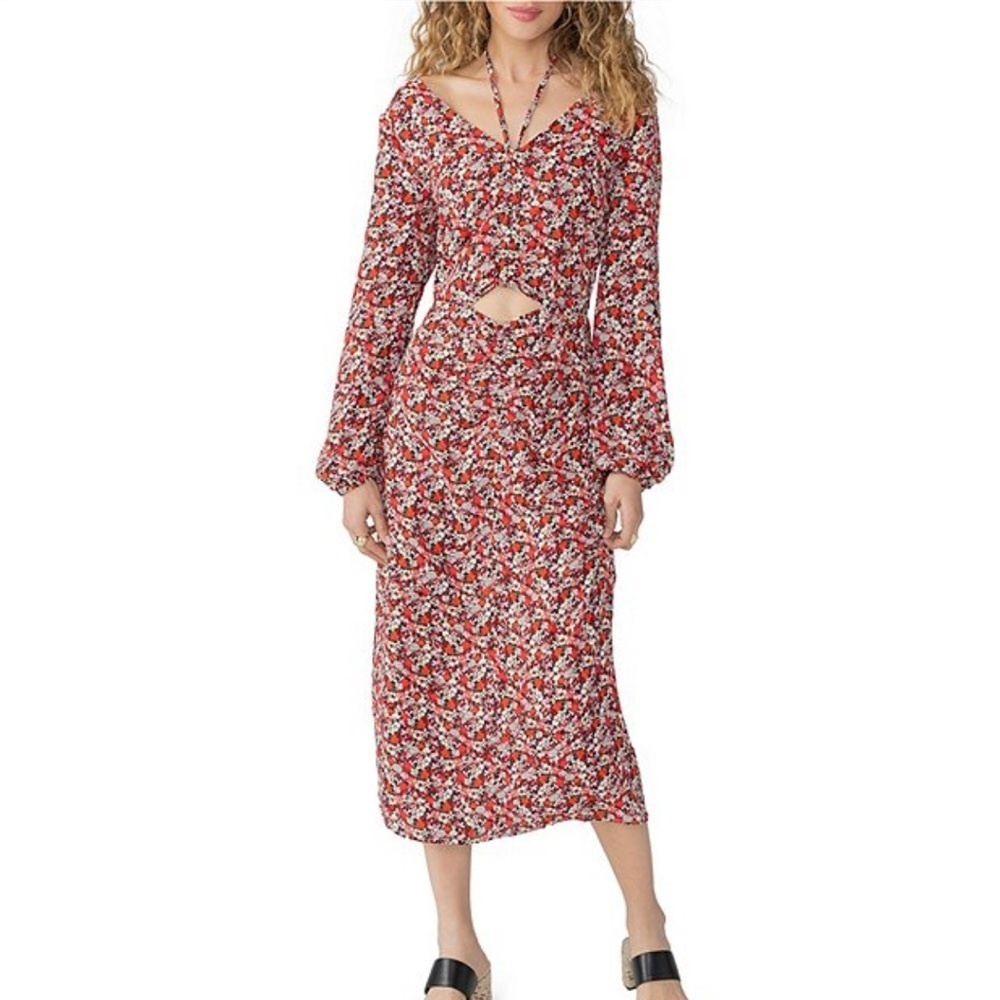 Sanctuary Floral Chiffon Halter Neck Long Sleeve Front Cut-Out Midi Dress Sz 12